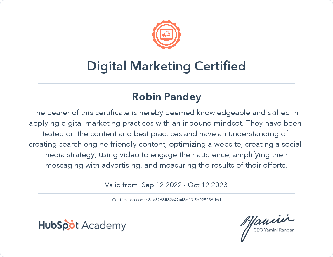 Digital Marketing Certified - HubSpot Academy 2023